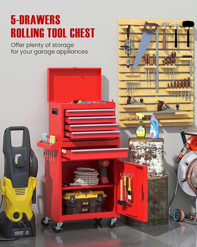 ARNOT 2-in-1 Rolling Tool Chest with 5 Drawers, Heavy-Duty Metal Tool Box with Wheels, Detachable Top Tool Box & Rolling Tool Cabinet for Garage, DIY (5-Drawers, Red)