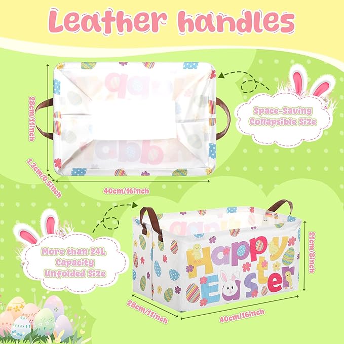 3 Pack Easter Storage Baskets Waterproof Canvas with Leather Handles Bunny Basket Box Collapsible Storage Bins Box for Closet Toys Clothes Room Decor Gift Basket