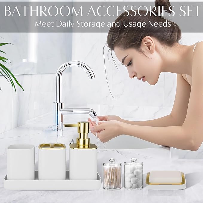 9PCS Bathroom Accessory Set, White Bathroom Set, Bathroom Accessories Set Complete with Trash Can, Toothbrush Holder, Soap Dispenser, Toilet Brush, Bathroom Decor