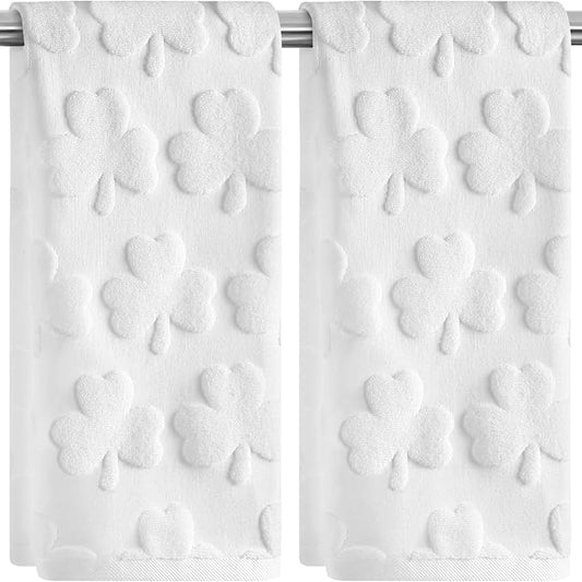 2 Pack St. Patrick's Day Hand Towels White Shamrock Clover Soft 100% Cotton Absorbent Decorative Bathroom Towels Set for Kitchen Bath Workout Hand Face Hair, 13.7'' x 29.5''