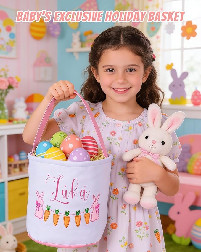 Personalized Embroidered Easter Basket for Kids - Custom Name Carrot Bunny Basket Bags, Perfect for Easter Egg Hunt, Gifts & Party Favors for Boys & Girls
