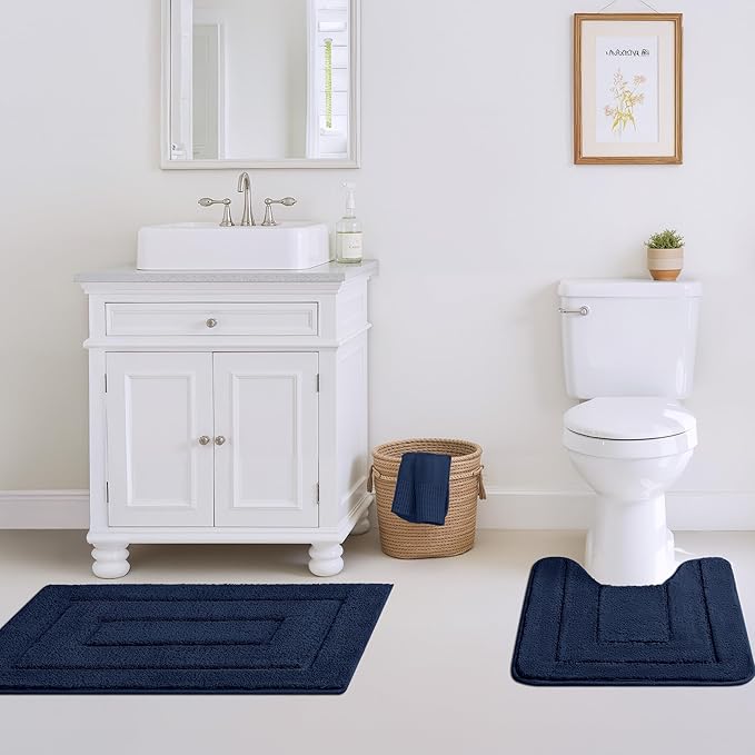 GRANNY SAYS Bathroom Rugs Sets 2 Piece, Soft Absorbent Microfiber Bath Mats for Bathroom Non Slip Washable, U-Shaped Toilet Bath Rugs for Tub Shower (Blue, 20" x 32" + U Shaped 20" x 24")