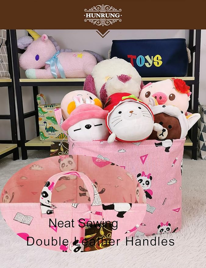 HUNRUNG Square Storage Bins Nursery Hamper Canvas Laundry Basket Foldable with Waterproof Nursery Boxes for Shelves/Gift Baskets/Toy Organizer/Office, Bedroom (Square-Pink-Book Panda)
