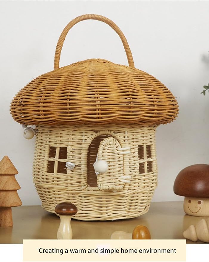 Mushroom Basket House Shaped with Lid Portable Decorative Rattan Handle Photography Props Gifts-Mushroom Decor(C)