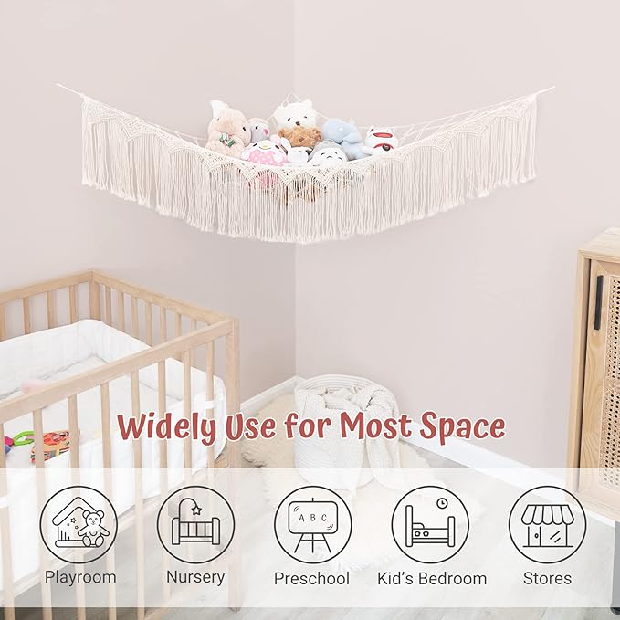 Mkono Stuffed Animal Hammock Corner Macrame Toy Storage Organizer with Lights and Tassels Boho Hanging Stuff Animals Net Large Capability Toys Display Holder for Nursery Kid Room Playroom, 1 piece