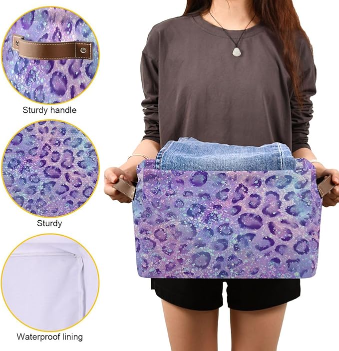 Glitter Leopard Purple Rectangular Storage Bin Basket with Handles - Nursery Storage Laundry Hamper Storage Baskets