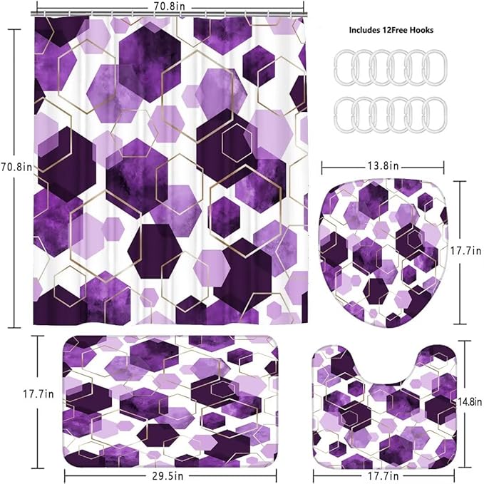 4Pcs Pinkish Purple Shower Curtain Set Marble Grain Geometric Bathroom Set Abstract Bathroom Curtain Set with 12 Hooks Carpet Bath Mat and Toilet Rugs