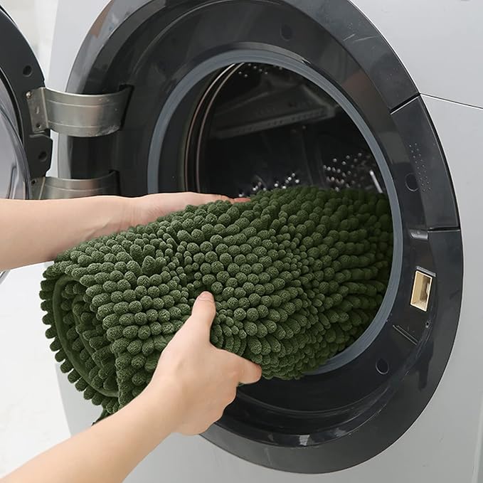 ACCUMTEK Christmas Striped Oliver Green Bathroom Rug Set 3 Pieces Ultra Soft, Non Slip Chenille Toilet Mat, Absorbent Plush Shaggy Bath Mats for Bathroom, Bedroom, Kitchen