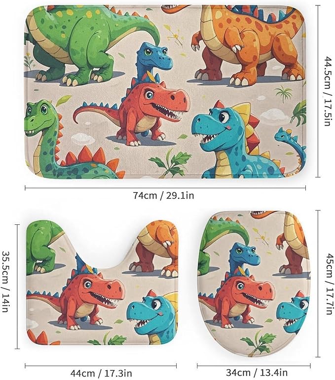 4 Piece Bathroom Rug Set with Shower Curtain, Non-Slip Bath Mat Toilet Cover Set, Cartoon Dinosaur Bathroom Rug Sets