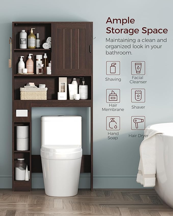 Over The Toilet Storage Cabinet, Farmhouse Storage Cabinet Over Toilet with Sliding Doors, Freestanding Bathroom Organizer with Adjustable Shelf, Space-Saving Toilet Rack, TSZB8001