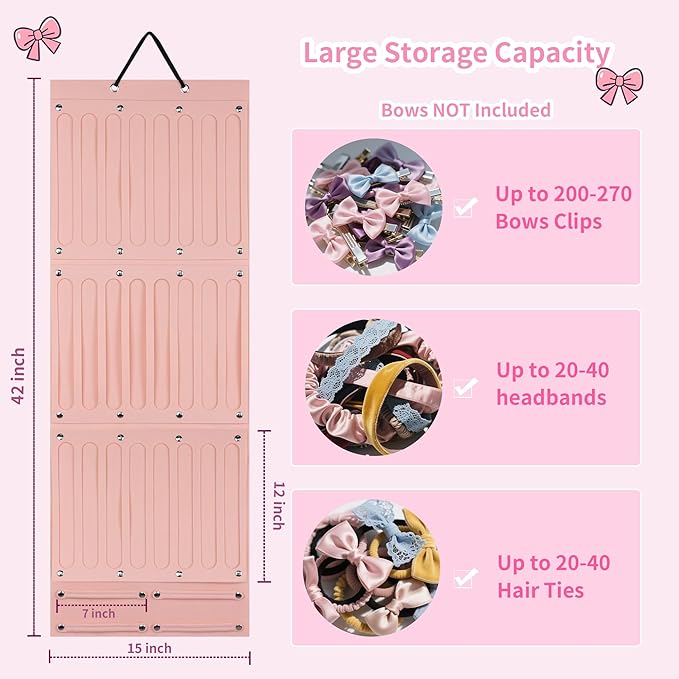 PACMAXI Baby Girl Hair Bows Holder, Hair Clips Storage Hanger For Ribbons, Hair Bows Organizer, Baby Hair Clip Storage Display Sturdy Stand, Wall Hanging for Girl Room (Pink 2, Large)
