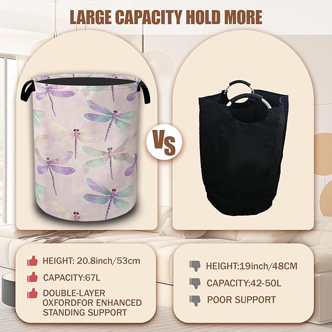 Watercolor Laundry Hamper,Purple Green Dragonfly Collapsible Laundry Baskets Waterproof Oxford Cloth With Handles,Clothes Storage Bucket Toy Organizer For Bathroom/Nursery/Bedroom 16" x 20.8"