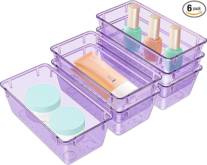 WOWBOX 6 PCS Clear Plastic Drawer Organizer Set, Desk Drawer Divider Organizers and Storage Bins for Makeup, Jewelry, Gadgets for Kitchen, Bedroom, Bathroom, Office, Purple