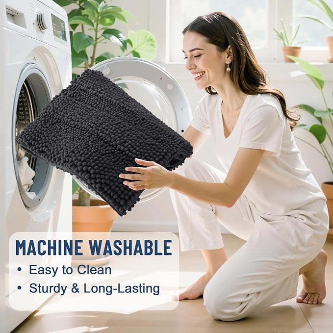 Grandaily Chenille Striped Bathroom Rugs 30x20, Extra Thick and Soft Absorbent Bath Mats, Rubber Backing, Plush Shaggy Shower Carpet, Machine Wash Dry, Bath Rug for Bathroom, Charcoal