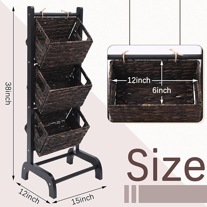 Menkxi Wicker 3 Tier Foldable Storage Basket Floor Rack with Market Storage Basket Water Hyacinth Storage Rack Hand Woven Laundry Rack for Bathroom Kitchen Laundry Room Living Room Storage (Brown)