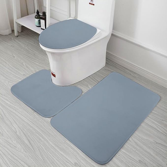 3 Pieces Bath Rug Sets, Dusty Blue Color Bathroom Mat Set Non Slip U Shaped Contour Rug & Toilet Lid Cover