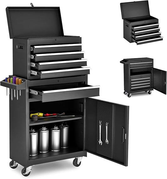 5-Drawer Rolling Tool Chest & Cabinet With Detachable Top Box - Heavy-Duty Metal Tool Cart With 4 Hooks, Lockable Drawers & 4 Wheels For Garage, Workshop, And Automotive Organization(Black)