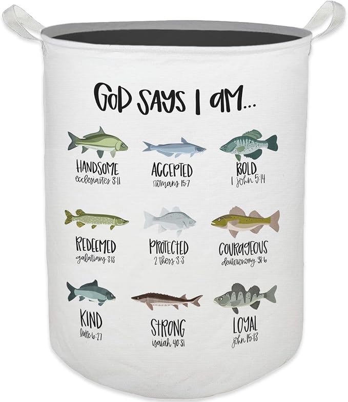 God Says I Am Fish Laundry Basket, Toybox for Boys Room, Christian Laundry Basket Hamper Waterproof Collapsible Clothes Toys Storage Bin Organizer for Bedroom Bathroom Kids Room Dorm