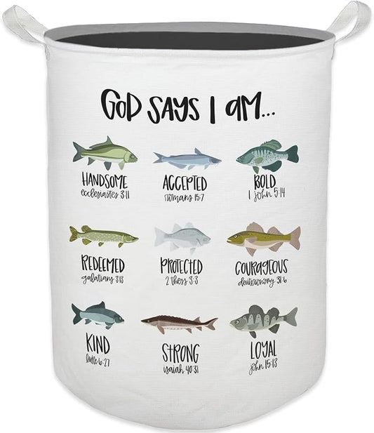 God Says I Am Fish Laundry Basket, Toybox for Boys Room, Christian Laundry Basket Hamper Waterproof Collapsible Clothes Toys Storage Bin Organizer for Bedroom Bathroom Kids Room Dorm