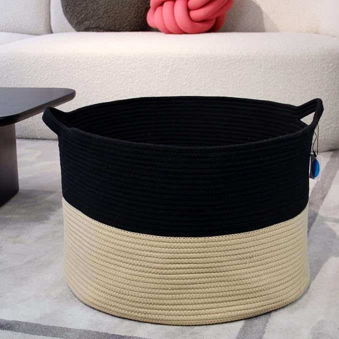 Casaphoria XXL Cotton Rope Woven Laundry Basket with Handle - Blanket, Comforter, Cushions Storage Bin - 21.7" x 21.7" x 13.8", Black and Brown