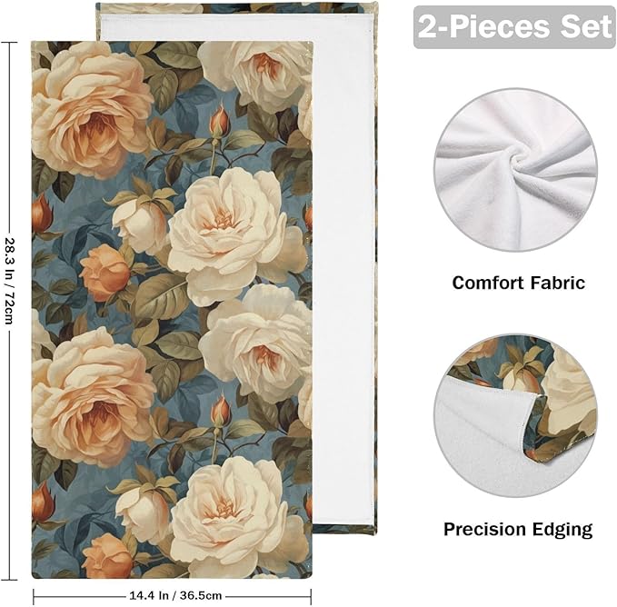 2 Pcs Vintage Orange Rose Floral Hand Towels for Bathroom,Soft Absorbent Retro Elegant Pink Peony Flower Painting Dish Towels for Kitchen,Decorative Bathroom Towels for Face,Shower 14"x28"