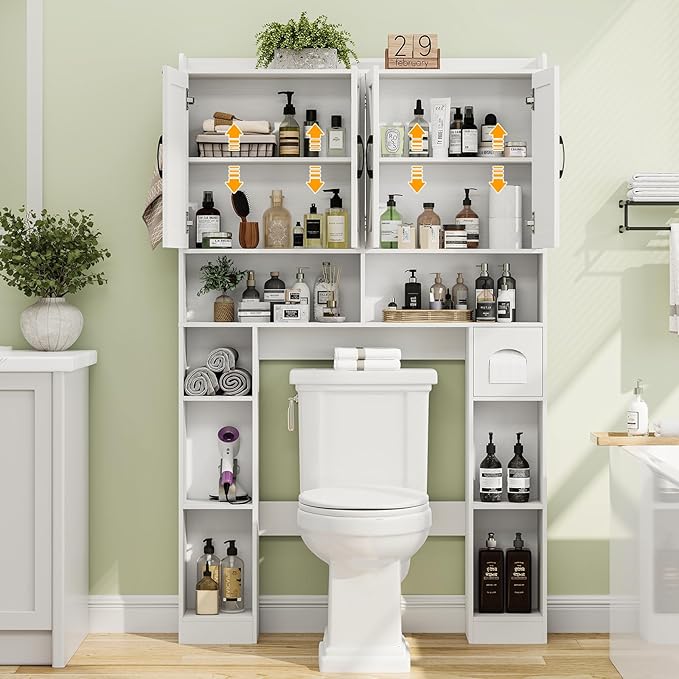 Vabches Over The Toilet Storage Cabinet with 4 Barn Doors, Bathroom Organizer with Toilet Paper Holder & Adjustable Shelves, Space-Saving Farmhouse Toilet Shelf for Bathroom,Restroom,Laundry