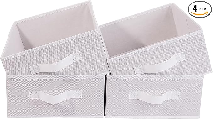 JAKAGO Fabric Storage Bins set of 4 Rectangle Storage Baskets with Handle Foldable Closet Organizer for Clothes Towel bedding Books Collapsible Clothing Container for Shelves Bedroom(White Low)