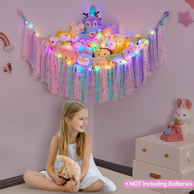 FIOBEE Stuffed Animals Net or Hammock with LED Light, Toy Hammock Hanging Stuffed Animals Storage Organizer Holder Room Décor for Nursery Kids Bedroom