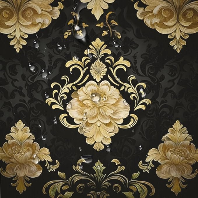 4Pcs Luxury Damascus Gold Flower Pattern Shower Curtain Set with 12 Hooks Non-Slip Rugs,Toilet Lid Cover and Bath Mat,Dark Gold Bathroom Decor for Hotel & Home Bathroom