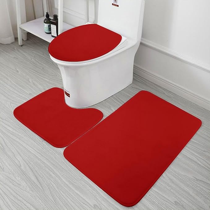 3 Pieces Bath Rug Sets, Red Trend Colors Bathroom Mat Set Non Slip U Shaped Contour Rug & Toilet Lid Cover
