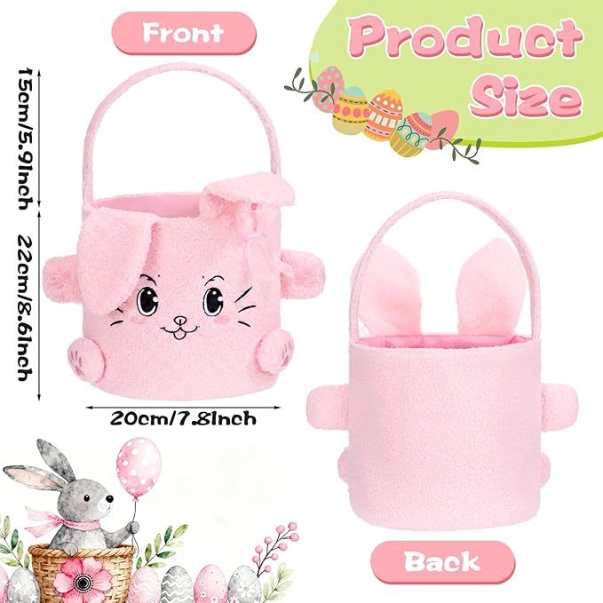 Mimorou 3 Pack Plush Bunny Easter Basket Sherpa Easter Bucket with Rabbit Ears Decorative Bow Large Bunny Tote Bags Ideal for Egg Hunt, Party Favors, Decorations & Storage(White Pink and Blue)