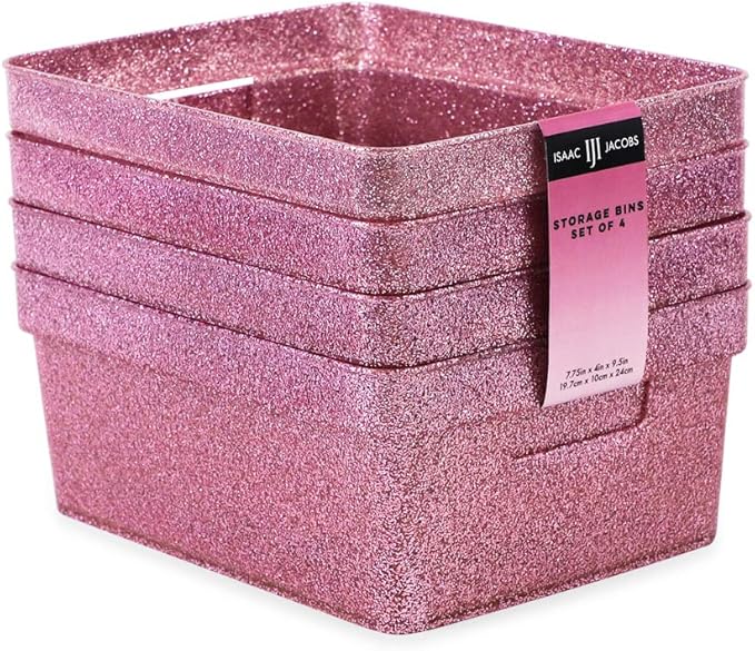 Isaac Jacobs Small Glitter Storage Bin (10” x 7.5” x 4.25”) Set w/Cut-Out Handles, Plastic Organizer, Multi-Functional, Home Storage Solution, Kids Playroom, Bedroom, Closet (4, Pink)