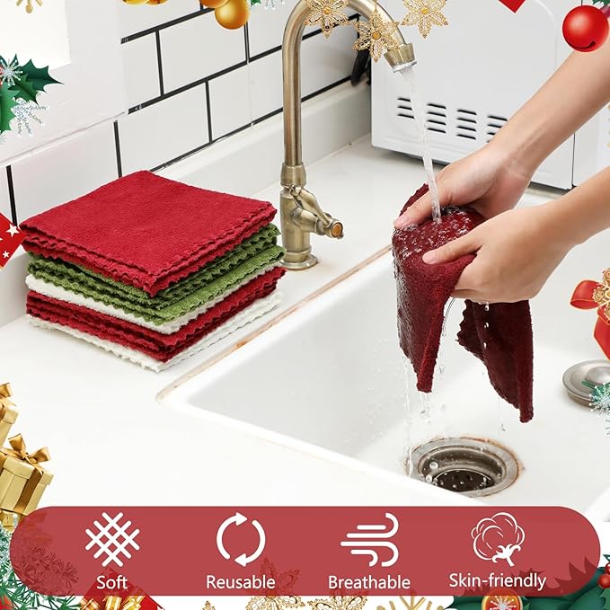 Newwiee 40 Pcs Wash Cloth Bulk Cotton Bath Hand Face Washcloths Soft Quick Drying Towel for Women Bathroom Washing Body Viscose Fiber Multipurpose Fingertip Rags (13 x 13 Inch,Green, Red, White)