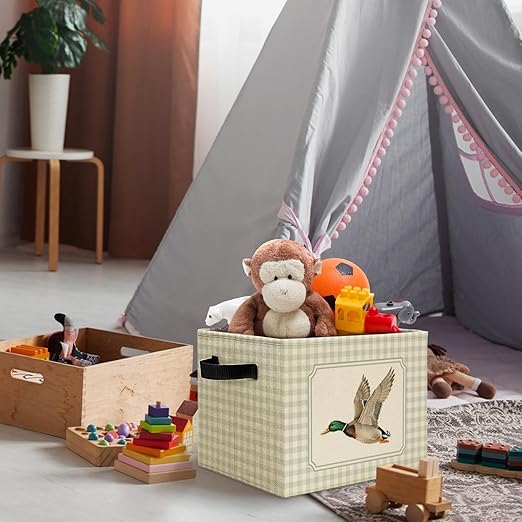 Green Checkered Mallard Duck Storage Bins Box with Handles, Rustic Flying Mallard Duck Plaid Laundry Basket Hamper Collapsible Clothes Toys Organizer for Kids Boys Bedroom Bathroom