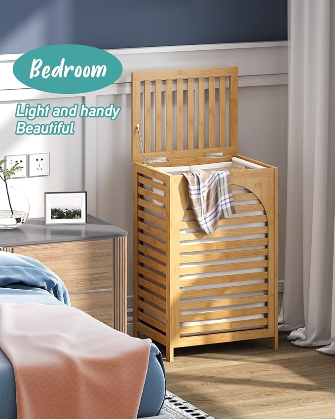 Laundry Hamper, 22.5 Gallon (85L) Bamboo Wood Clothes Laundry Basket with Lid and Handles, Removable Liner (Natural, Large)