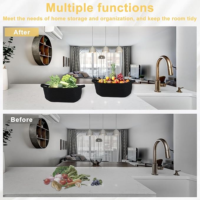 Portable Rope Baskets Small Woven Basket with Bags Baby Toy Basket with Handles Soft Woven Basket for Storage ZHAZHAMO(black)