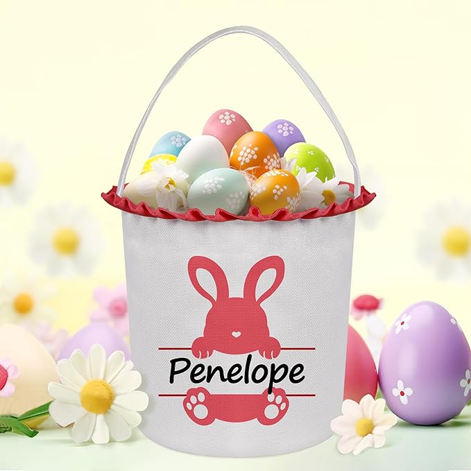 Easter Baskets for Girls Boys, Personalized Easter Basket with Name - Cute Red Bunny