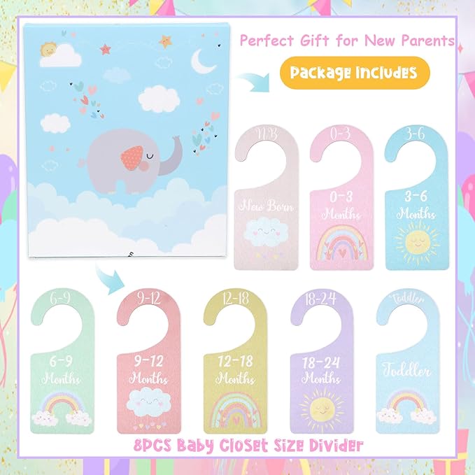 Baby Closet Dividers 8PCS, Pastel Rainbow Theme Wooden Double-Sided Clothes Size Hanger Organizer from Newborn to Toddler for Nursery Decor Baby Shower Birthday Gift