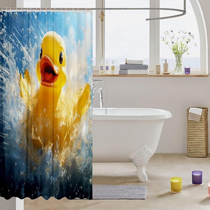 3D Cute Duck Shower Curtain, Blue Sea Surfing Bathroom Curtain for Kids, Teens, Women - Summer Ocean Sports Waterproof, Cartoon Farm Animal Style, 12 Hooks, 72" W x 78" L