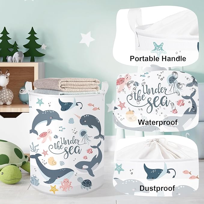 Sea Animals Laundry Hamper Ocean Fish Coral Large Storage Basket Parents Organizer Kids Clothes Toy Bins for Bedroom, Bathroom, Blue Dolphins, 63L