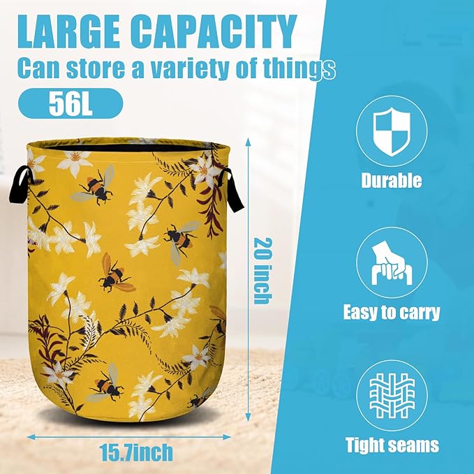Bee Flower Laundry Basket, Spring Floral Laundry Hamper Collapsible Oxford Cloth with Handle Clothes Toy Storage Bin for Bathroom Laundry Room Bedroom 15.7 X 20 Inch