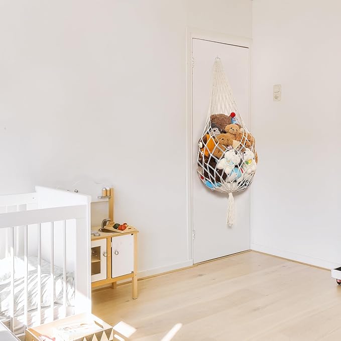 Stuffed Animal Storage Organizers Toy Hammock Corner Hanging Net Stuffy Animal Hammock Macrame Toy Display Plush Toy Holder Wall, Kid Bedroom Decor Boho Nursery Playroom Organizer (Cream XL)