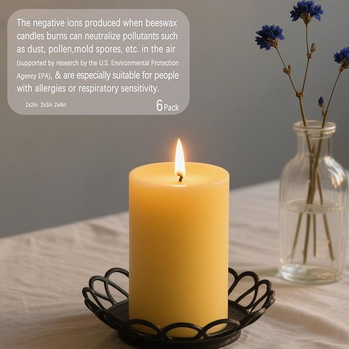 6pcs Beeswax Candle for Home, 2x2 Inches Beeswax Pillar Candles 96-Hour Long Burn Time, 100% Natural Pure Bees Wax Candle for Holidays Decor Spa Relaxation (2x2in)