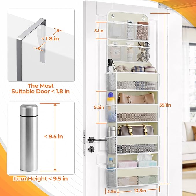 6-Tier Over The Door Organizer with Mesh Pockets, Baby Nursery Storage for Closet, Bathroom and Bedroom, Adjustable Hanging Closet Organizer for Cosmetics, Books and Essentials（Beige）