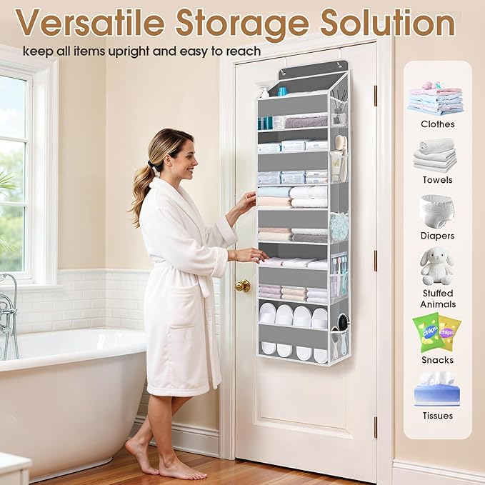 WISELIFE Over The Door Organizer Storage with 5 Large Pockets Door Hanging Organizer with Clear Windows Behind The Door Storage for Nursery Bedroom Bathroom Pantry Closet and Baby Essentials Grey