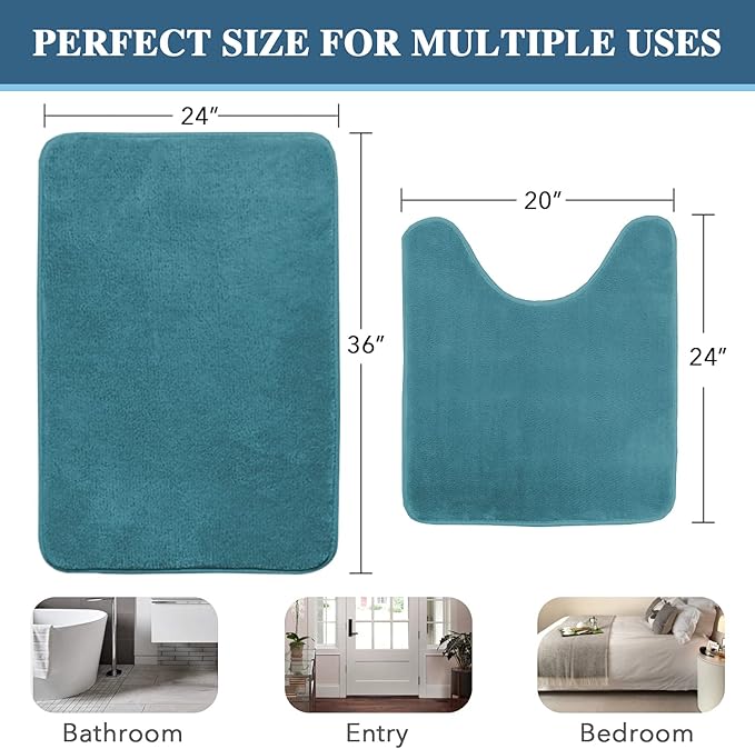 H.VERSAILTEX Bath Mat Memory Foam Bathroom Rug Flannel Velvety Luxury Extra Soft and Absorbent Non Slip Rugs for Bathroom/Bedroom (Curved Set 24"x 36" Plus 20"x 24" Dark Teal)