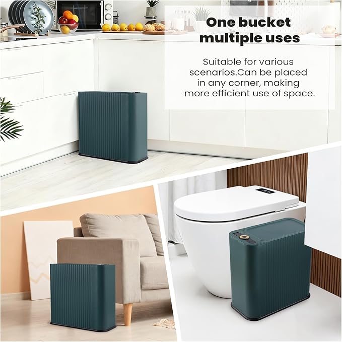 9-Piece Dark Green Bathroom Set with Narrow Trash Can Press Top Lid, Bathroom Accessories Sets with Toilet Brush, Soap Dispenser, Toothbrush Set, Soap Dish & Apothecary Jars for Small Spaces