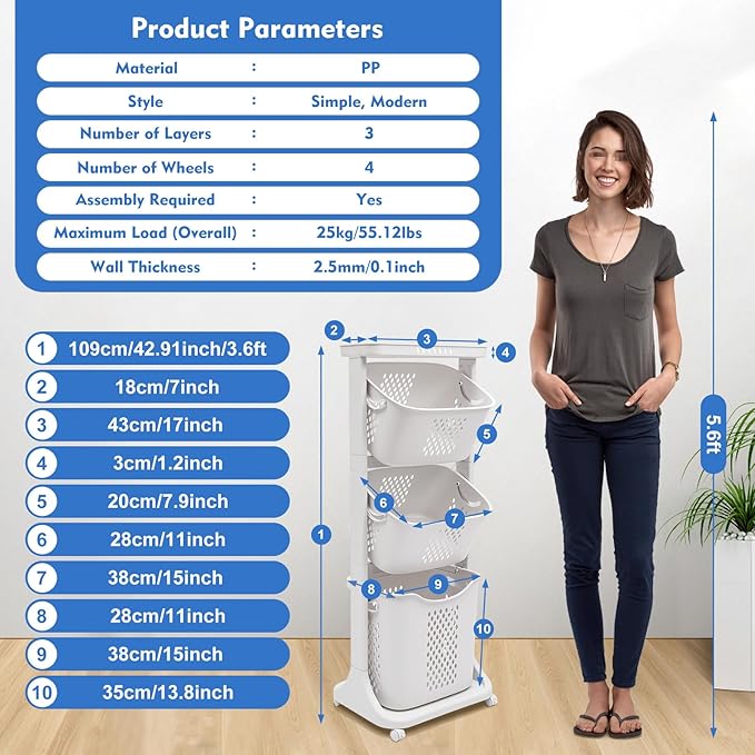 3-Tier Storage Basket Laundry Basket Rolling Cart Washing Hamper Storage Bin Shelf Multifunctional rotating laundry basket organizer Removable Clothes Laundry Basket for Kitchen Living Room