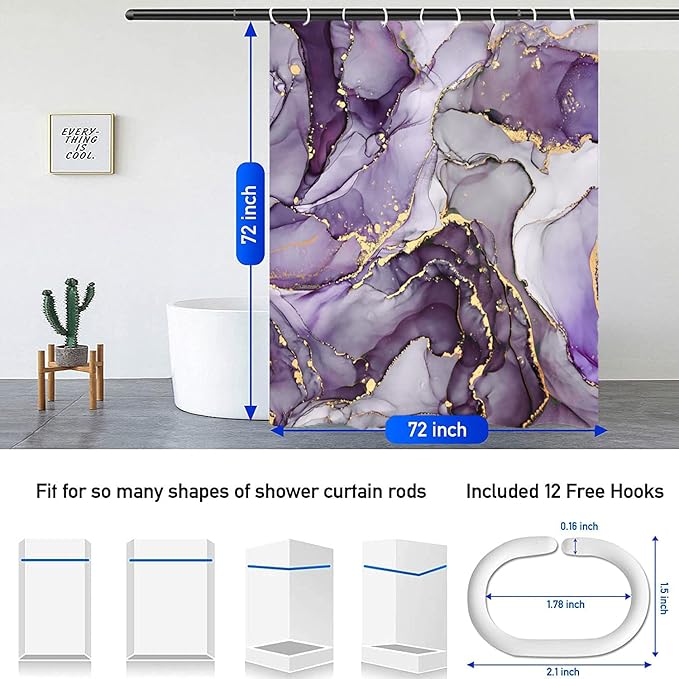 4Pcs Luxury Purple Marble Pattern Shower Curtain Set with 12 Hooks Non-Slip Rugs,Toilet Lid Cover and Bath Mat, Stylish Bathroom Decor for Hotel & Home Bathroom