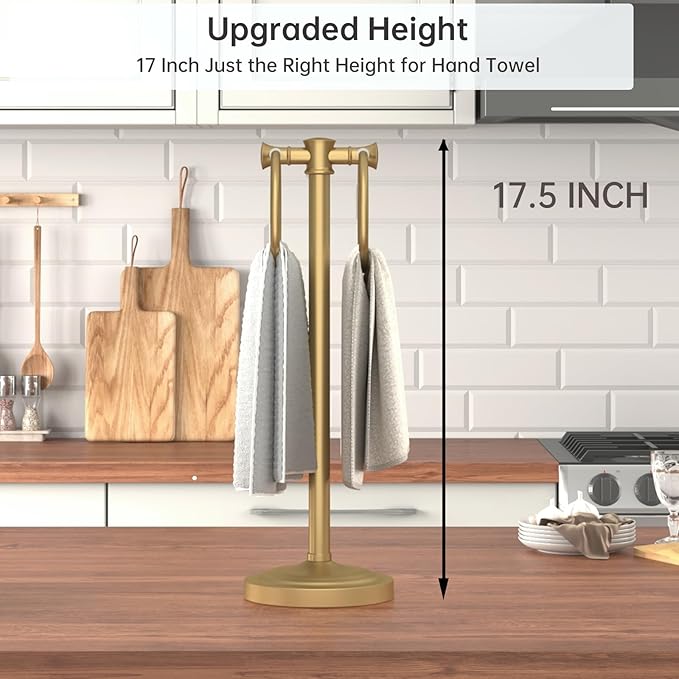 Hoimpro 17" Brushed Gold Free Standing Towel Rack Bracket, Double Towel Ring Hand Towel Stand Holder, Bathroom Hardware Accessories Set Towel Bar for Bathroom Vanities and Kitchen Countertops